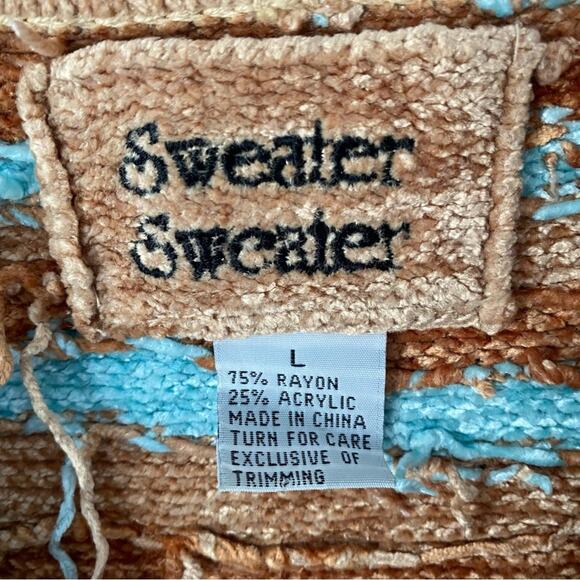 Sweater Sweater Chenille Cardigan Sweater Western Boho Navajo Tan Turquoise - Picture 9 of 9